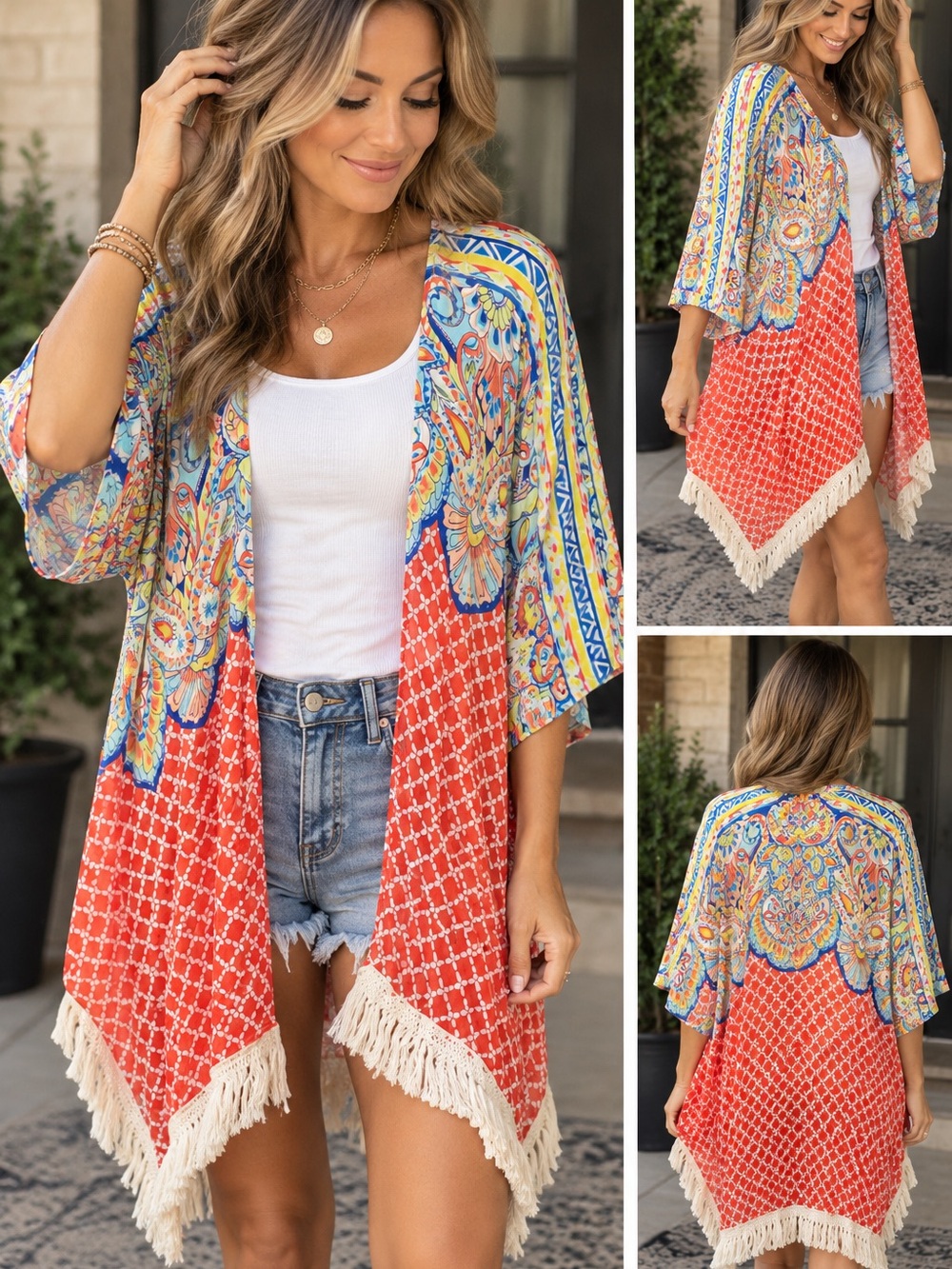 Fringed Boho Kimono Cape - Red Multi